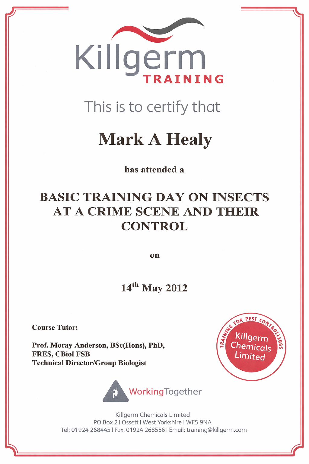 Phoenix Killgerm pest management certificate