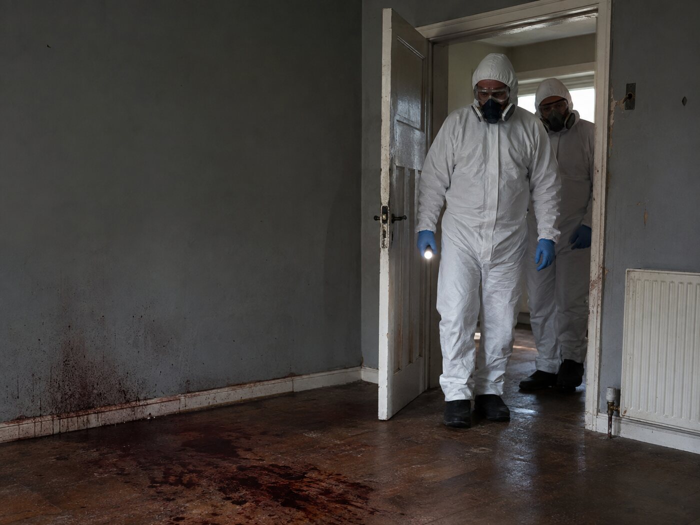 Protected specialists assessing a trauma scene in an Irish home