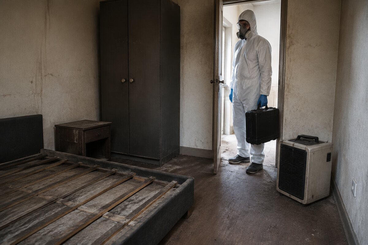 Protected specialist assessing a room before undiscovered death cleaning