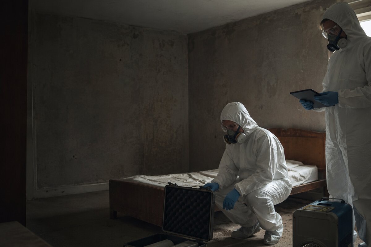 Phoenix technicians wearing protective equipment during undiscovered death cleaning