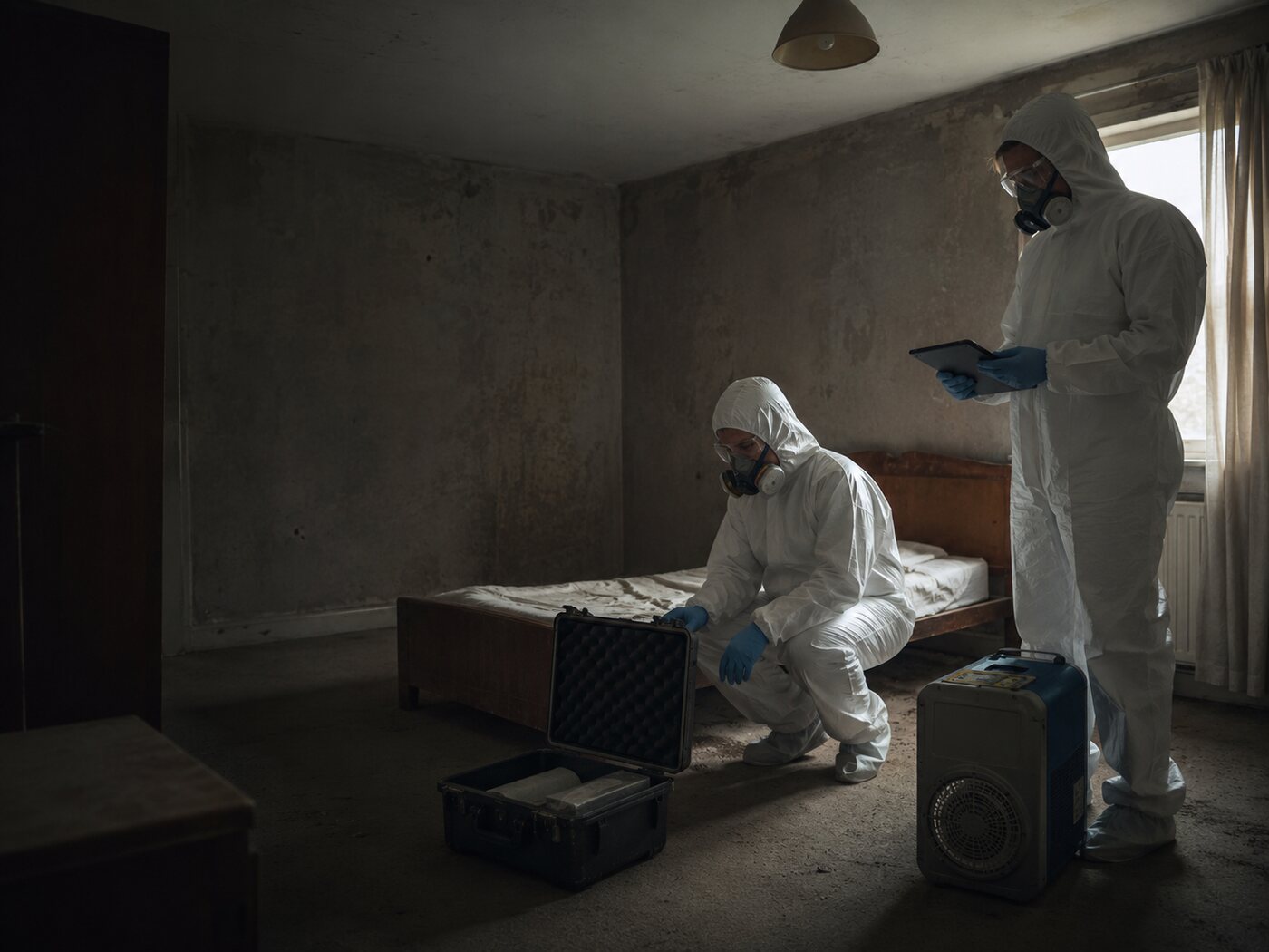 Protected specialists assessing an undiscovered death scene in an Irish home